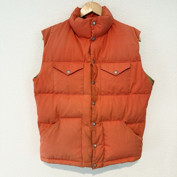 Vtg North Face Mens Down Snap Puffer Vest M Orange Brown Label Distressed 80s